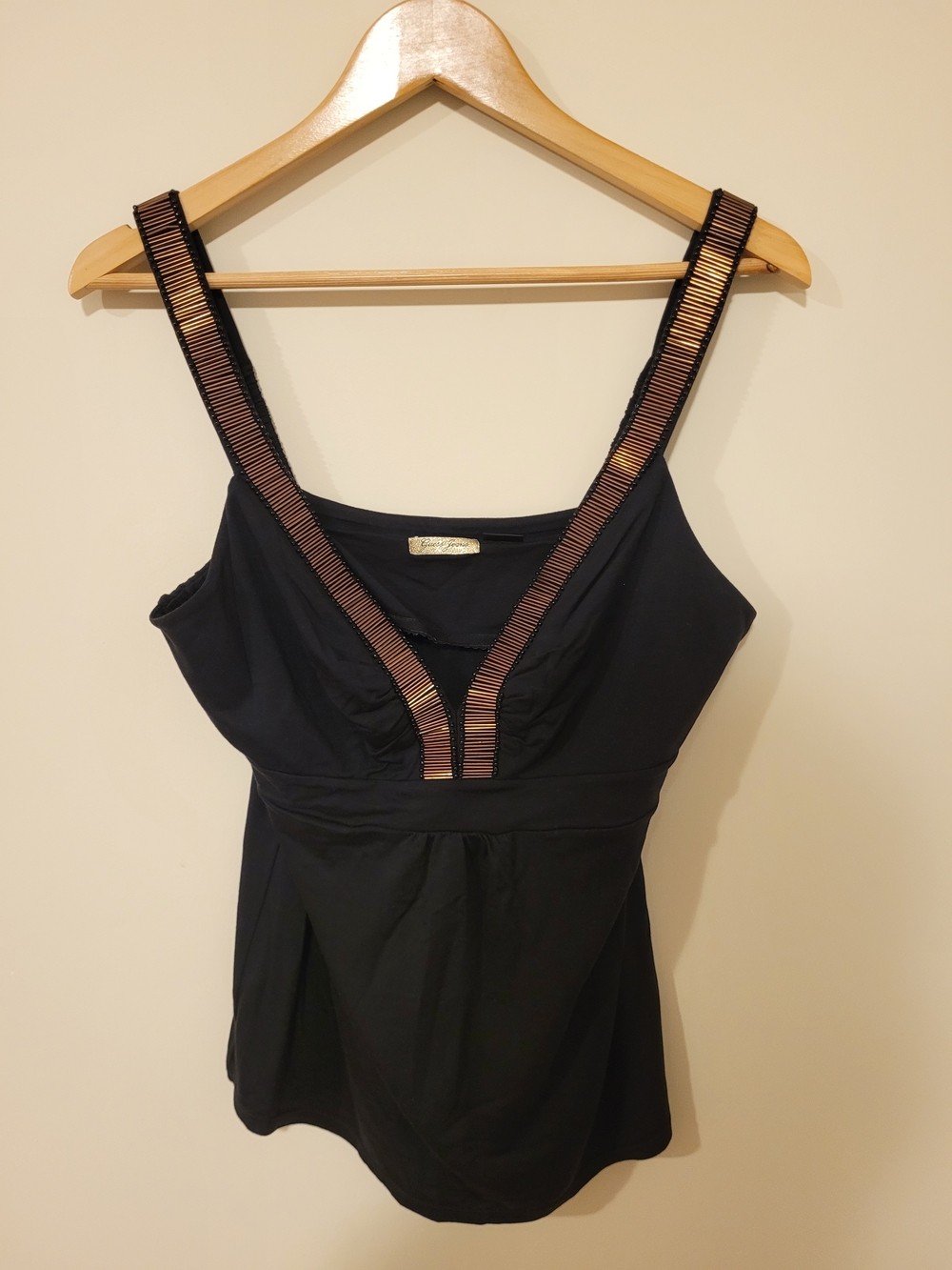 Brand New Guess Jeans Women's Black Embellished Beaded V-Neck Tankini Top Size L